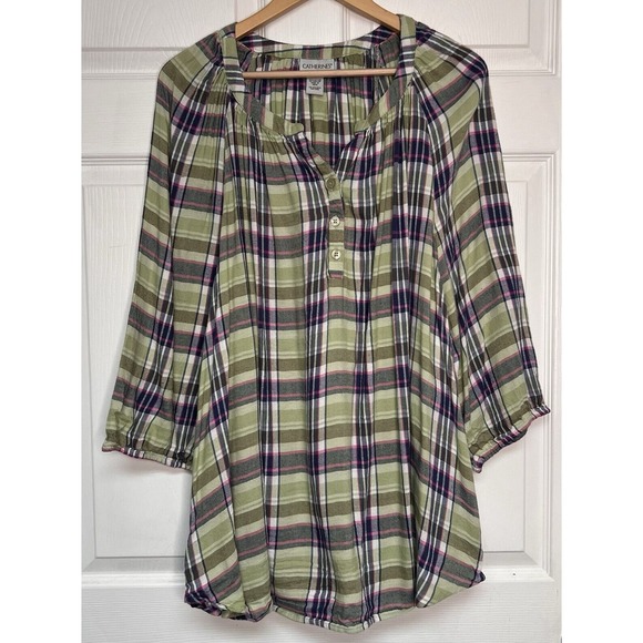 Catherine Womens 4XL Green Plaid Blouse 3/4 Sleeves Peasant Cottage Core Casual - Picture 1 of 9